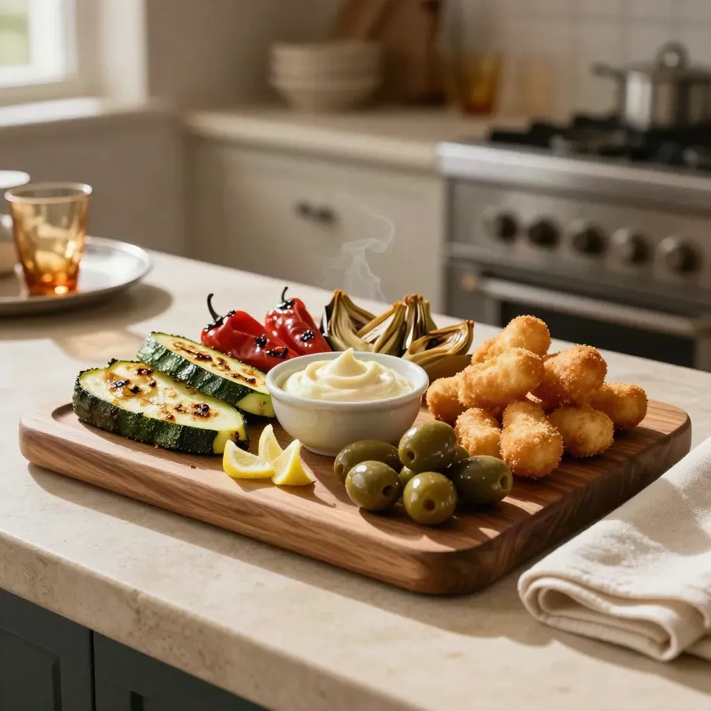 Tagliere di antipasti misti con aioli su banco di pietra, luce calda e atmosfera conviviale