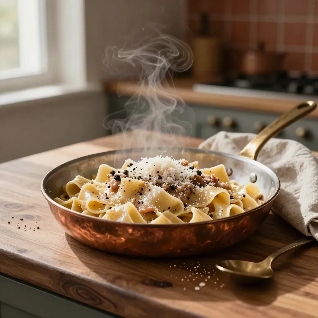 Pappardelle al ragù bianco con Parmigiano e padella di rame su banco di noce