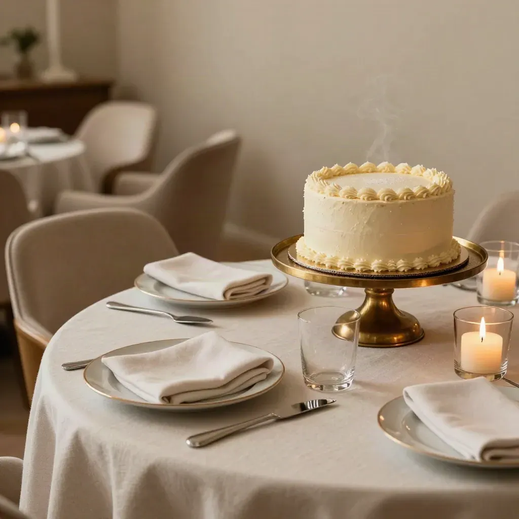 Sala riservata con torta mini su alzata, piatti dessert e tovaglioli piegati, luce calda.