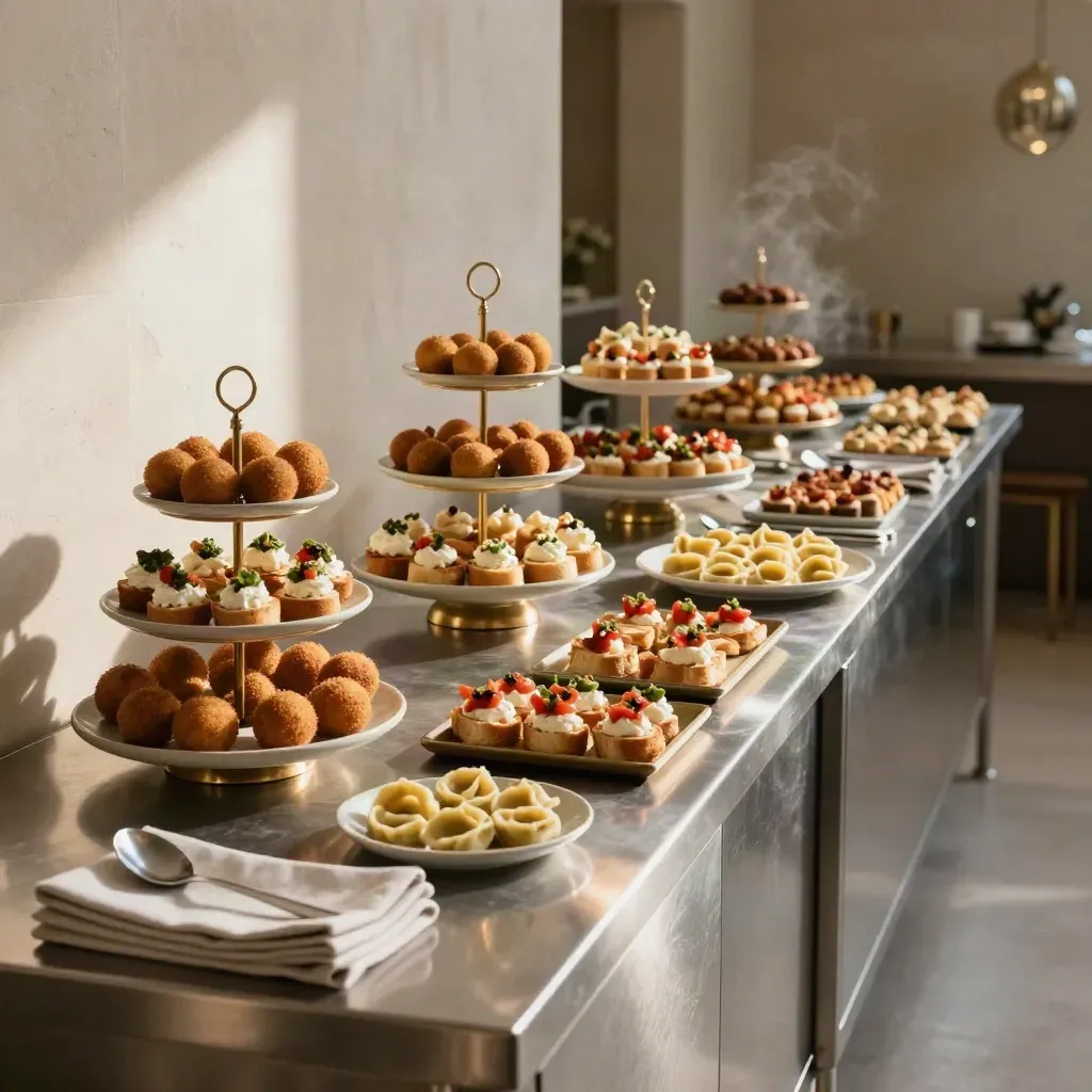 Allestimento catering elegante con finger food, primi e banco in acciaio, luce calda e dettagli brass.