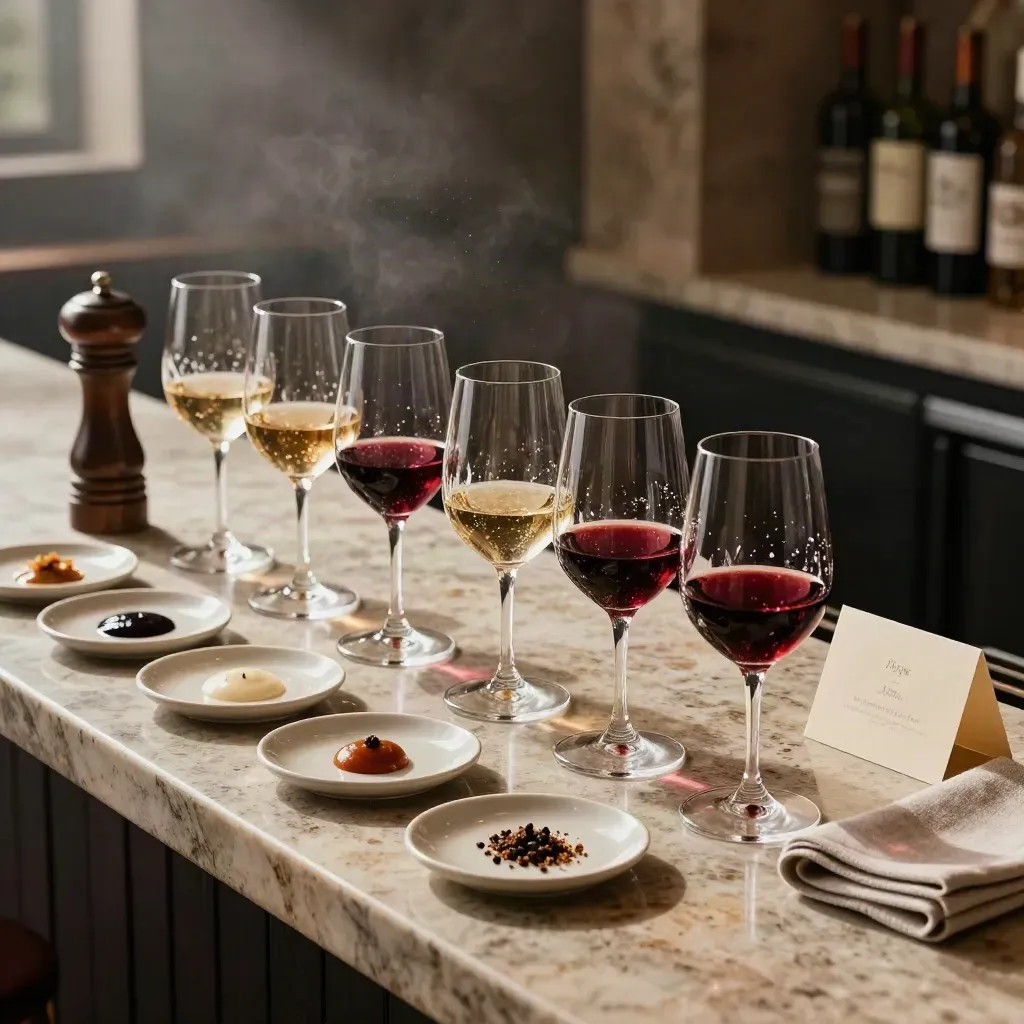 Sei calici di vino, macinapepe e piattini in una mise en place gourmet su banco in travertino.