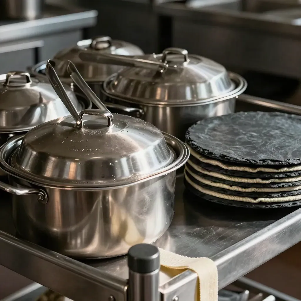 Pentole gastronorm in acciaio e coperchi da catering su carrello inox, con piatti in ardesia.