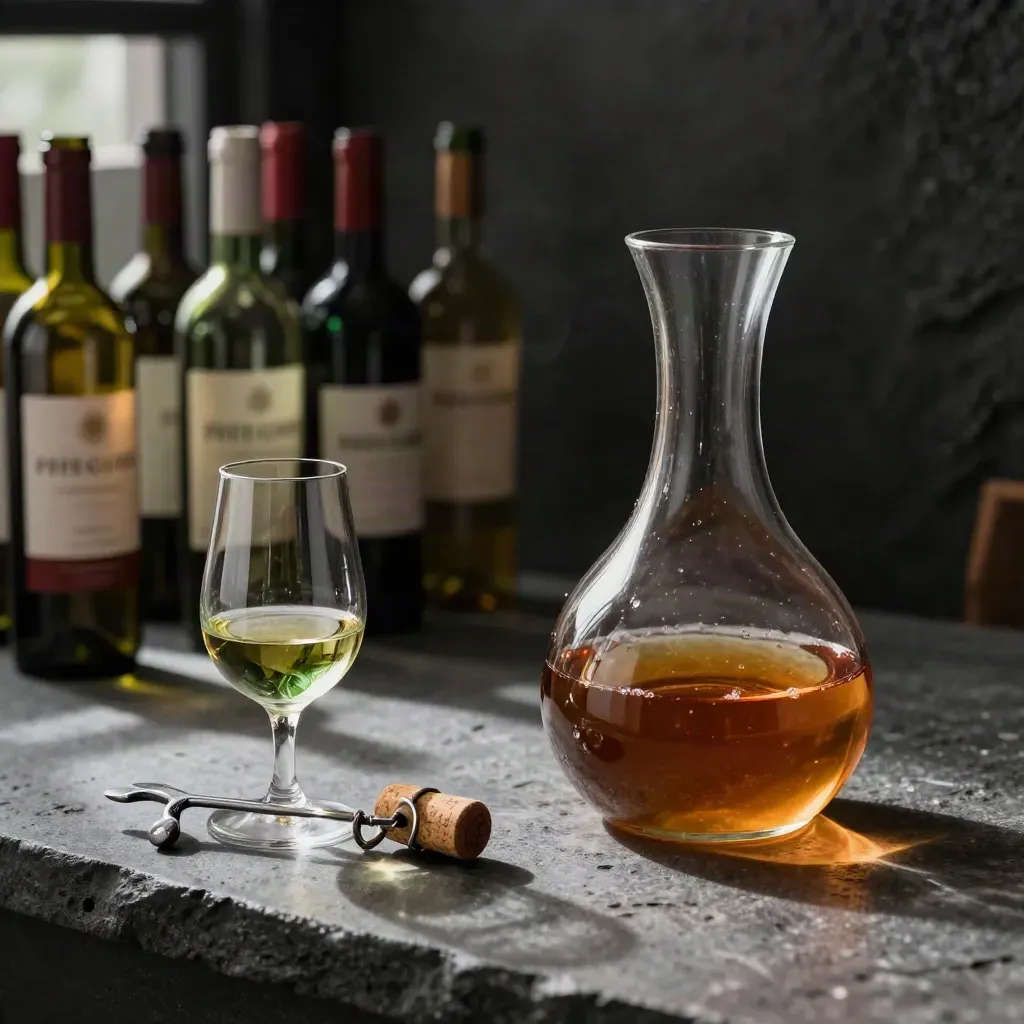 Decanter, cavatappi e calice in una nicchia di cantina con bottiglie sfocate.