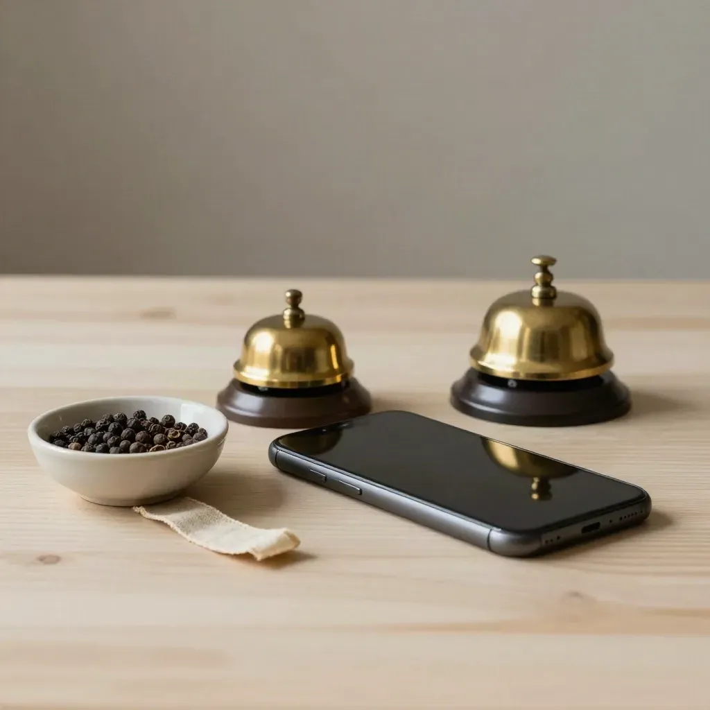 Smartphone spento accanto a campanello d’ottone e pepe su legno chiaro