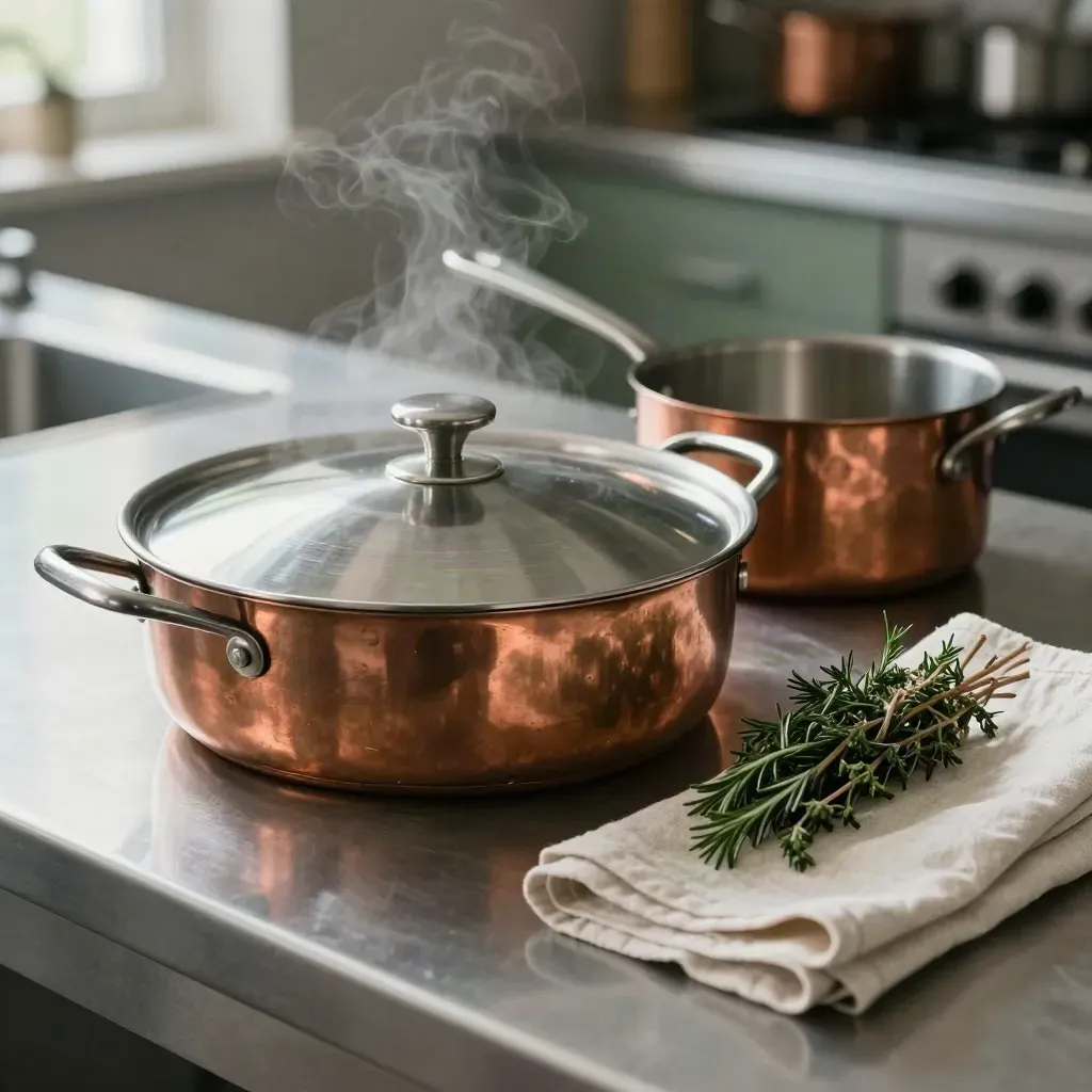 Vassoio gastronorm coperto, casseruola di rame, erbe e lino su tavolo inox.