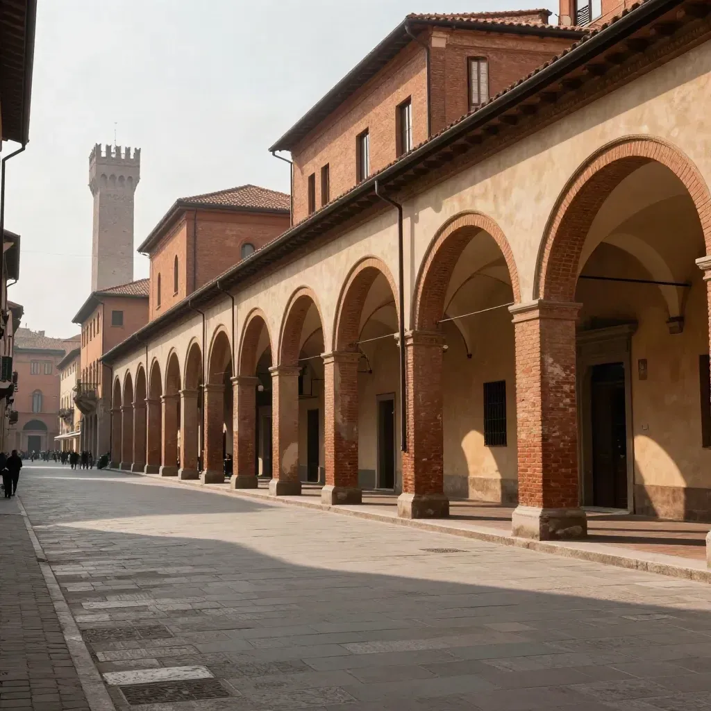 Portici di Bologna al tramonto dorato, facciate in terracotta e strada aperta